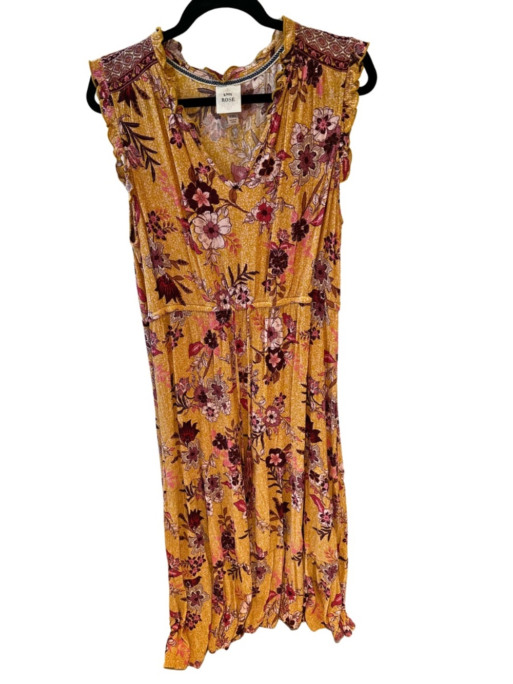 Knox Rose Midi Sun Dress in Vintage Mustard Pink & Burgundy Floral Pattern XXL
